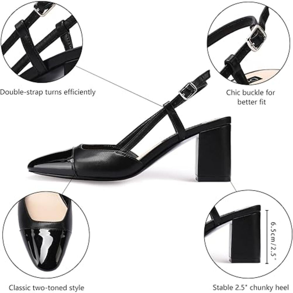 DUMJEY Black Sz 8 1/2 Faux Leather Slingback 2 Tone Close Toe Chunky Block Heels - Picture 2 of 8